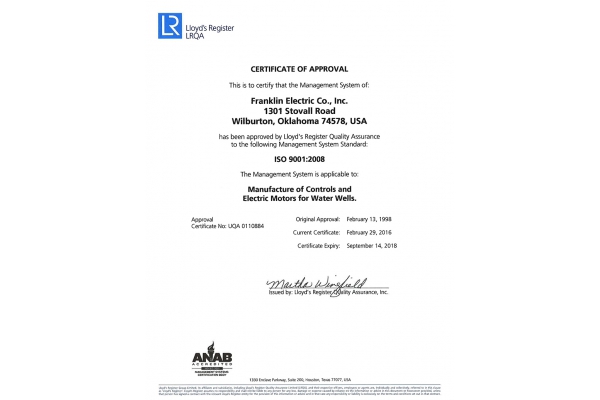 ISO 9001 Wilburton Franklin Electric Co. Inc 2016_03_03